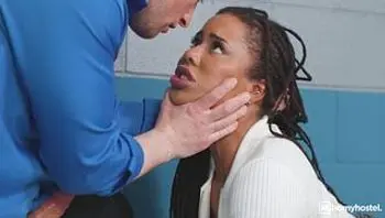 Curvy Ebony Babe with Dreads and Busty Redhead Lick, Finger and Blow Bald Guard in Hostel Checkpoint Threesome-kira noir